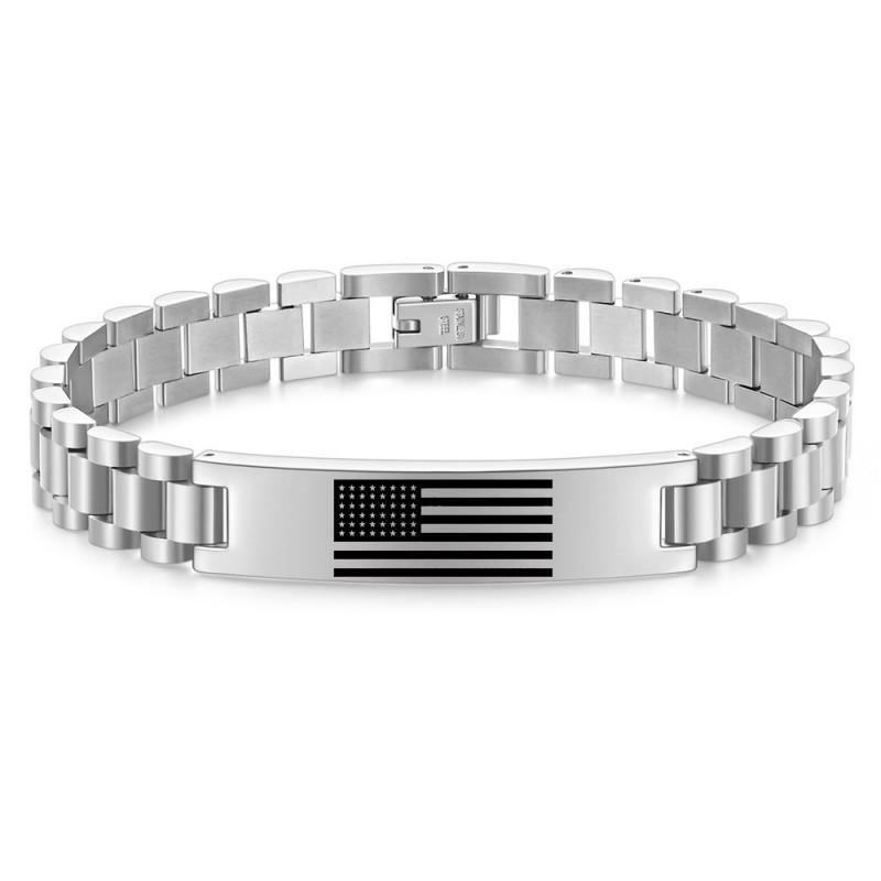 Stainless Steel Patriotic Flag Bracelet Men 10mm Engraved Heart Shape Gift Family Holiday Christmas Travel