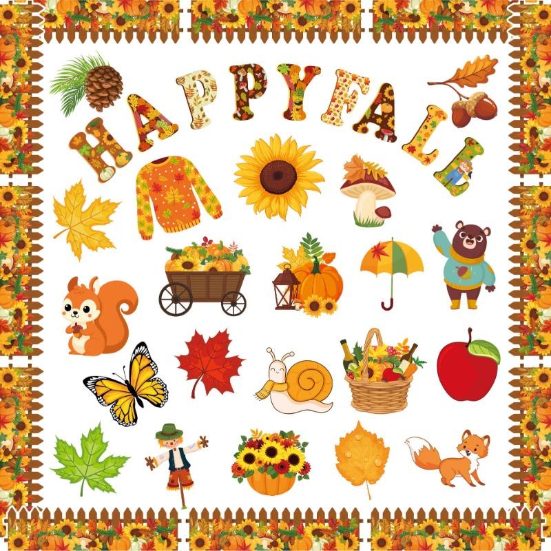 Autumn paper card leaf squirrel pumpkin Happy Fall background wall bulletin board decoration Thanksgiving wall stickers