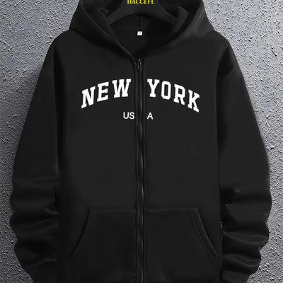 Men's Long Sleeved Zipper Jacket with New York Lettering, Casual Multi-functional Hooded Sweatshirt, Suitable for All Seasons