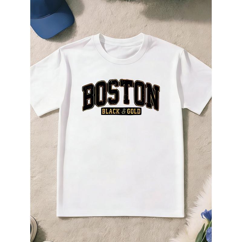 European sizes Boys  And Teenager T-Shirt, Fun Design  Boston  Print T-Shirt, Suitable for Indoor And Outdoor Leisure Play And Sports 110 белый