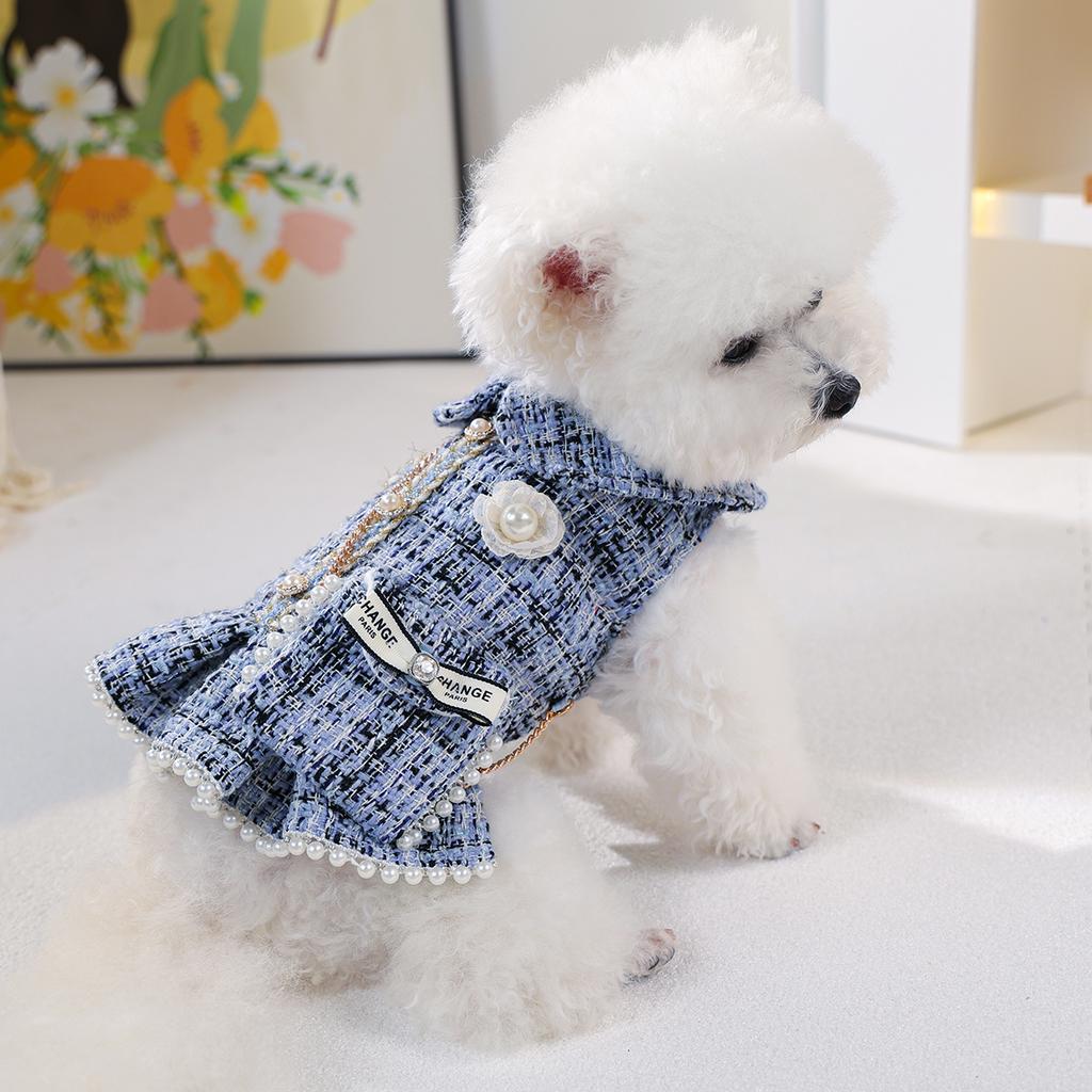 1-Piece Dog Clothes Cat Dog Pet Dress Autumn and Winter Thickened Warm Blue Skirt with Small Backpack