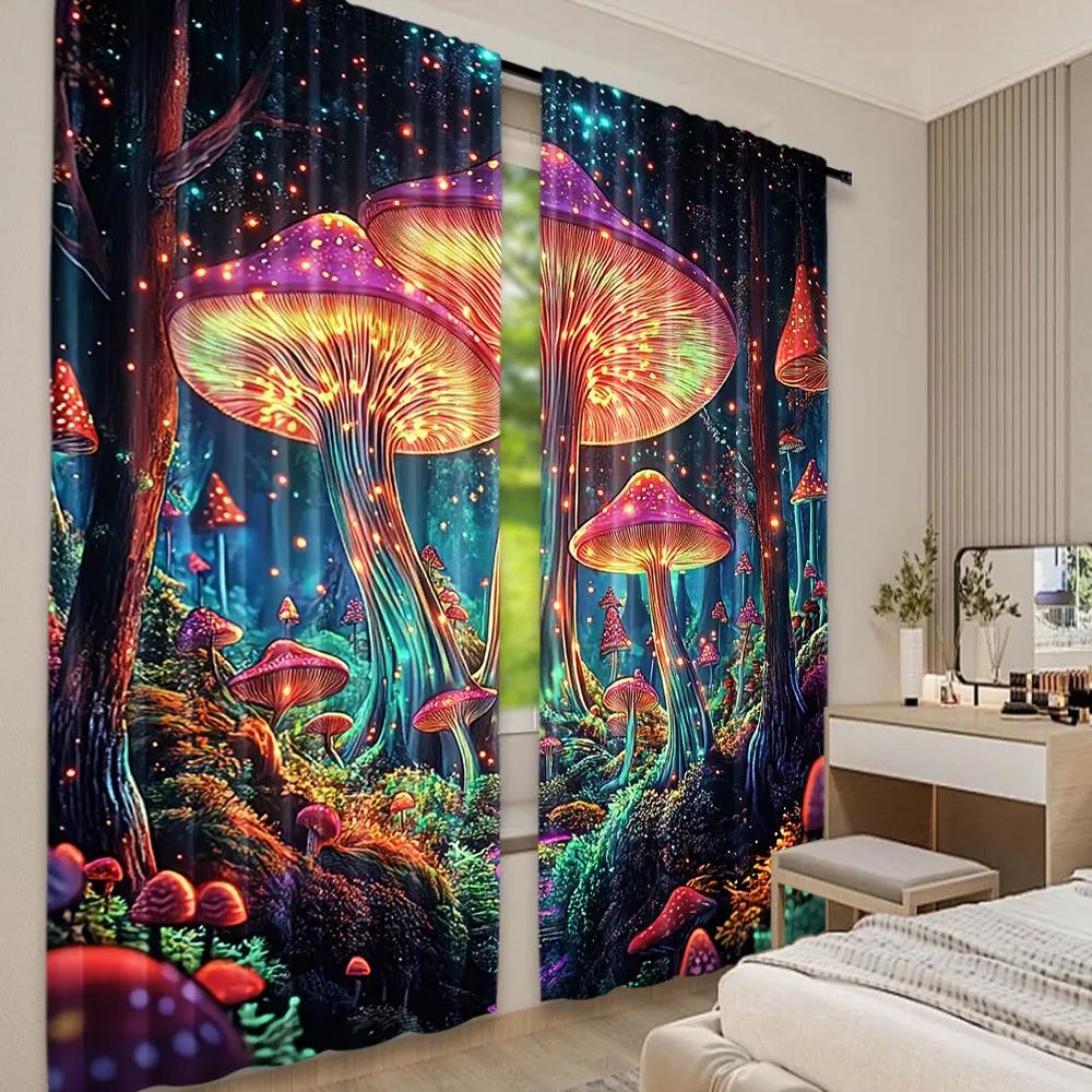 2Pcs Mushroom Curtain Boho Curtains For Cute Mushroom Mother Curtains Blue Forest Landscape Curtain For Bedroom Living Room