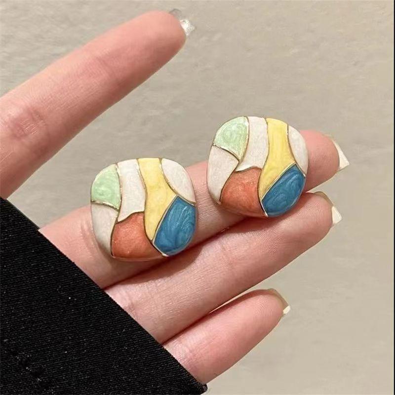 Pink Blue Grid Enamel Women's Stud Earrings Colorful Square Geometric Statement Female Bohemian Fashion Ear Zircon Brincos