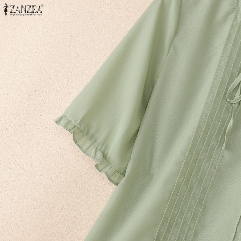 ZANZEA Women Elegant Lace-Up Round Neck Summer Casual Half Sleeve Blouse