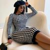 New Spring Long Sleeve Hollow Out Printed Ruched Bodycon Dress
