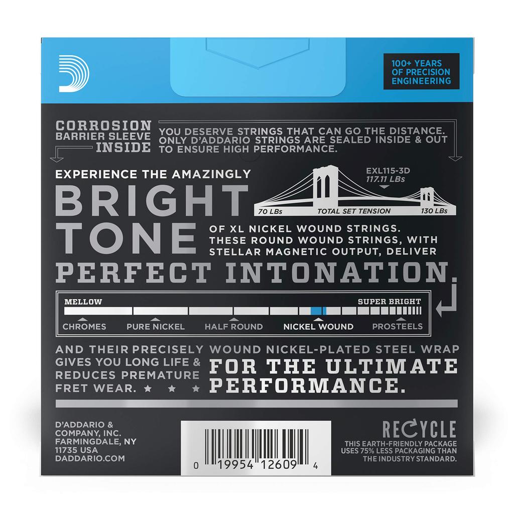 Electric Guitar XL D'Addario Strings, Nickel, .011-.049, Blues/Jazz Rock, 3-Pack, EXL115-3D