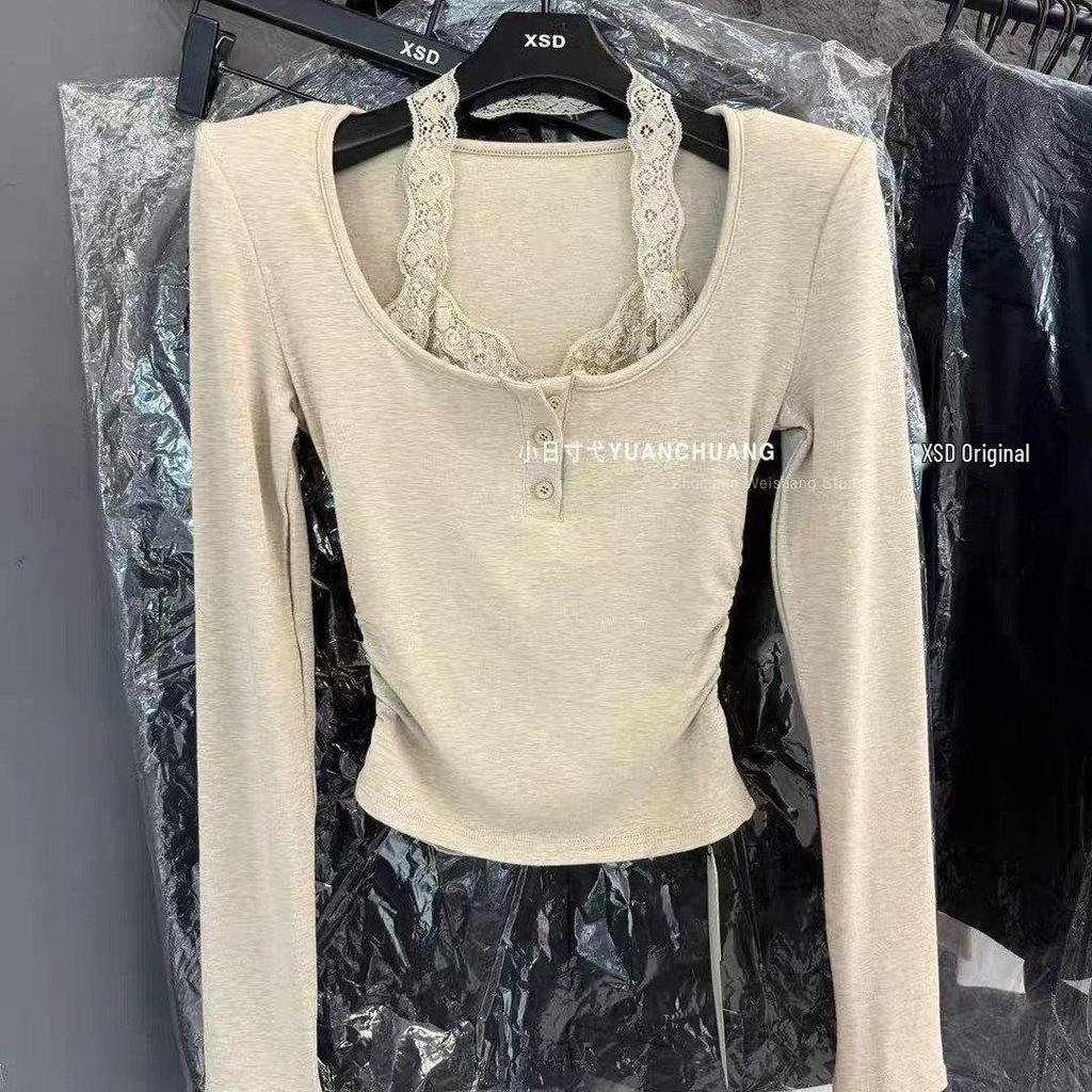 2025 Autumn/Winter Thermal Korean Halter Neck Lace Patchwork Long Sleeve T-shirt - Fake Two-Piece Women's Base Layer.