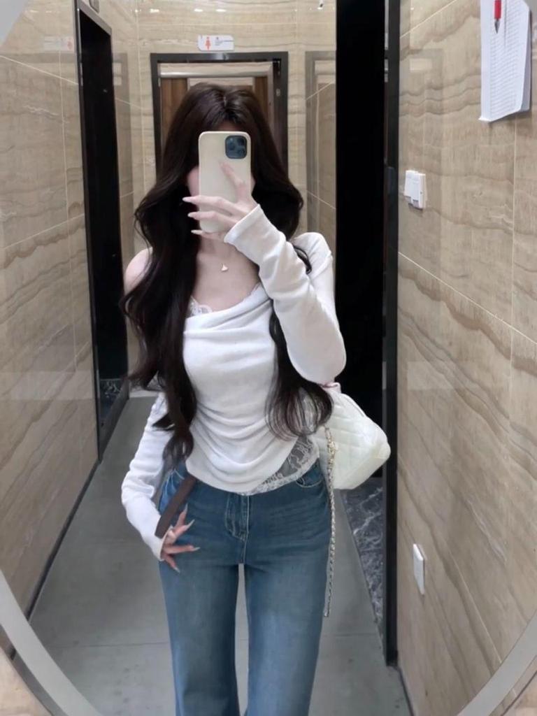 French White Lace Asymmetrical Off-Shoulder Long Sleeve Cotton T-shirt