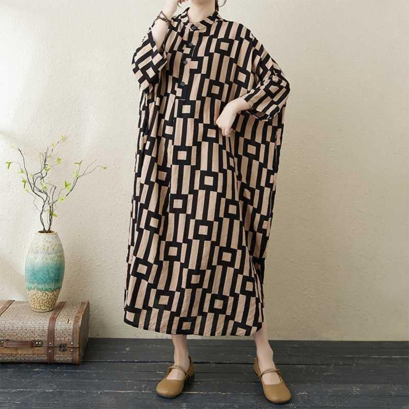 2025 Printed Stand Neck Loose Extra-Large Size Vacation Dress