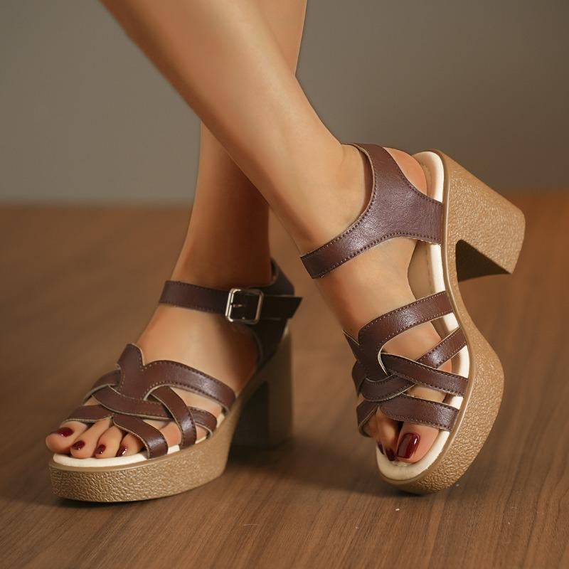 

Women s Peep Toe Block Heel Sandals, Single Strap Summer Dress Shoes 43 темно-коричневого кольору