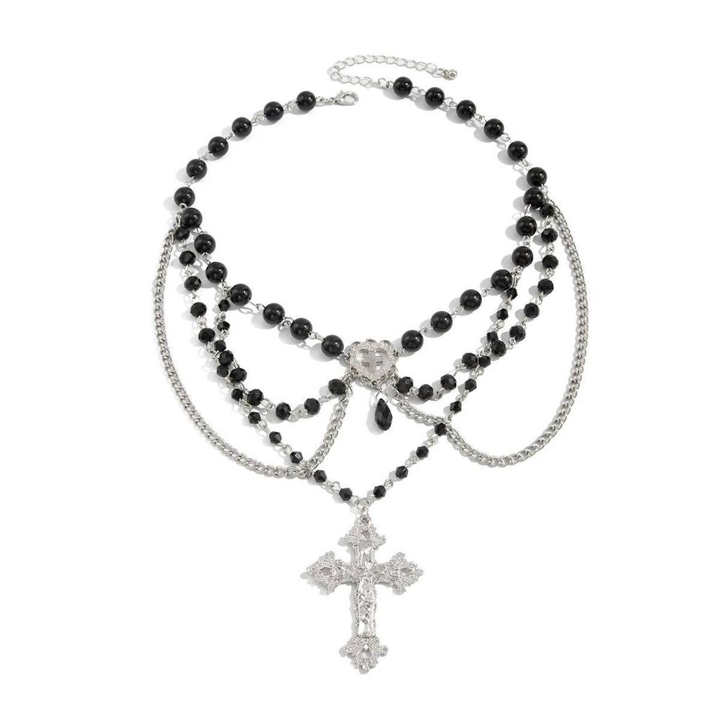 Ingemark Elegant Multilayer Crystal Tassel Choker Necklace for Women Goth Cross Jesus Love Heart Pendant Halloween Jewelry Gift