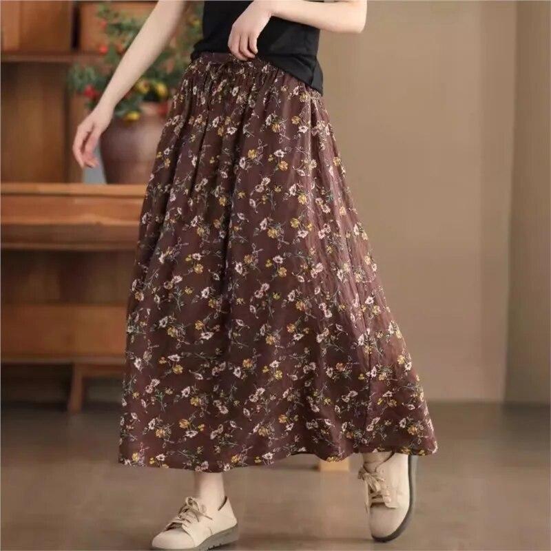 Women Vintage Print Floral Skirts Elastic Waist Casual Cloths Spring Soft Women A-Line Skirts