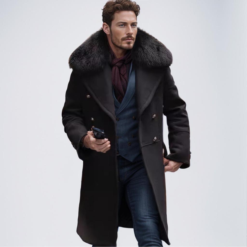 Men's Plus Size Double-Breasted Fur Collar Wool Coat