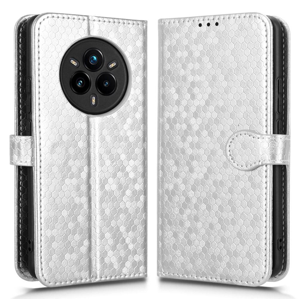 

For Realme 14 Pro+ 5G Wallet Case Dot Pattern Imprint PU Leather Phone Cover Silver