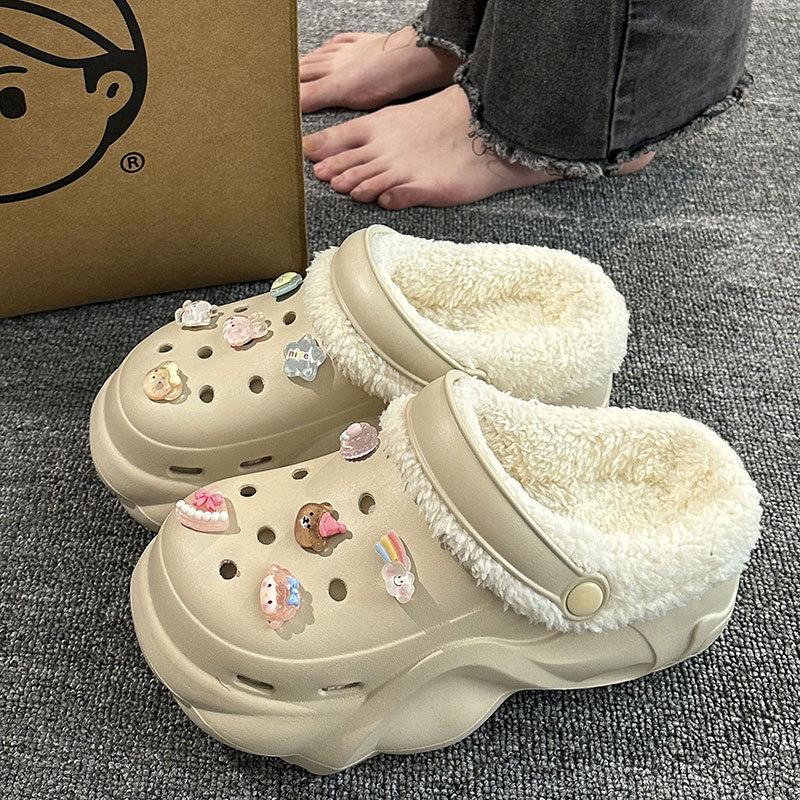 New velvet hole shoes women's winter non-slip outer wear cotton shoes heightened thick-soled home removable cotton slippers
