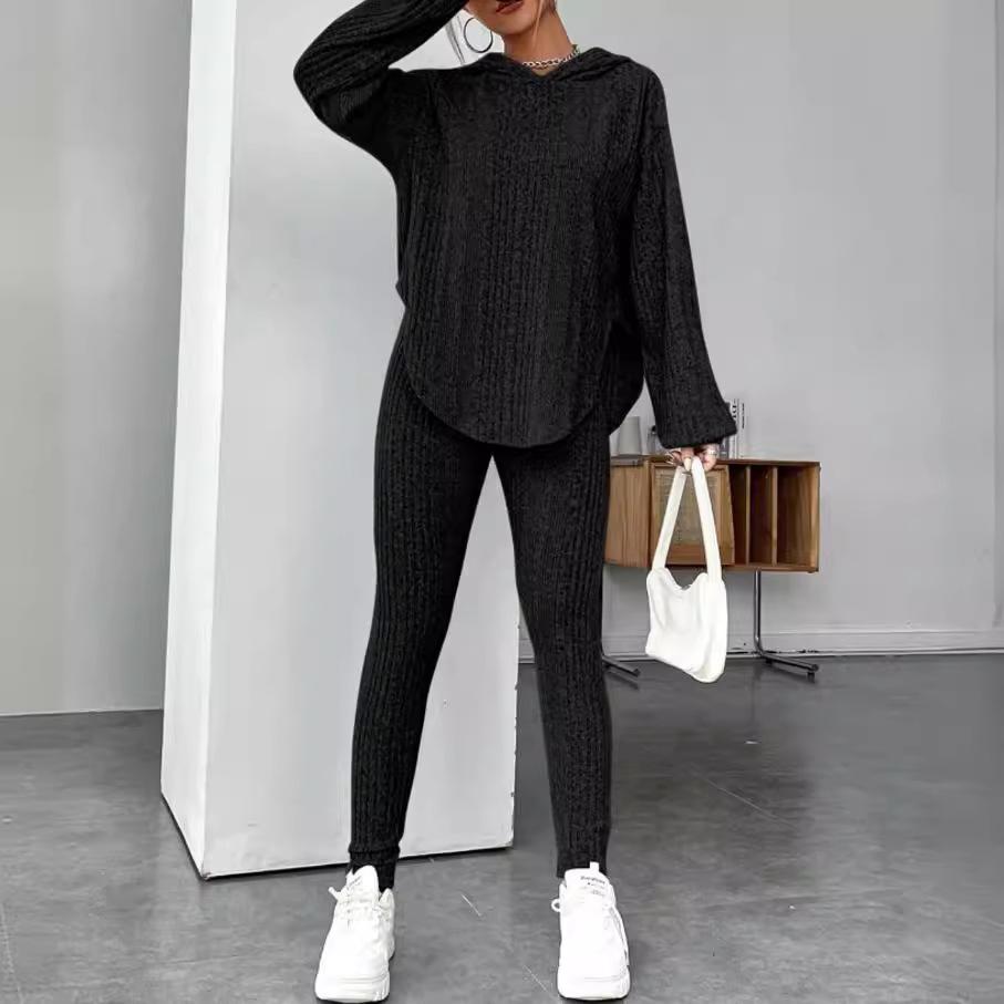 

Женский фиолетовый вязаный худи и брюки облегающего кроя, повседневный комплект для отдыха с топом с V-образным вырезом XL чёрный