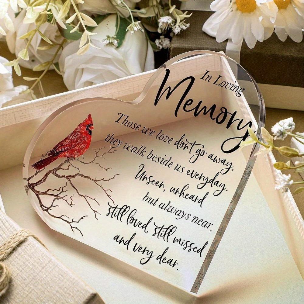 Cardinal Memorial Heart - Crystal Acrylic Sympathy Gift for Loss of Loved One