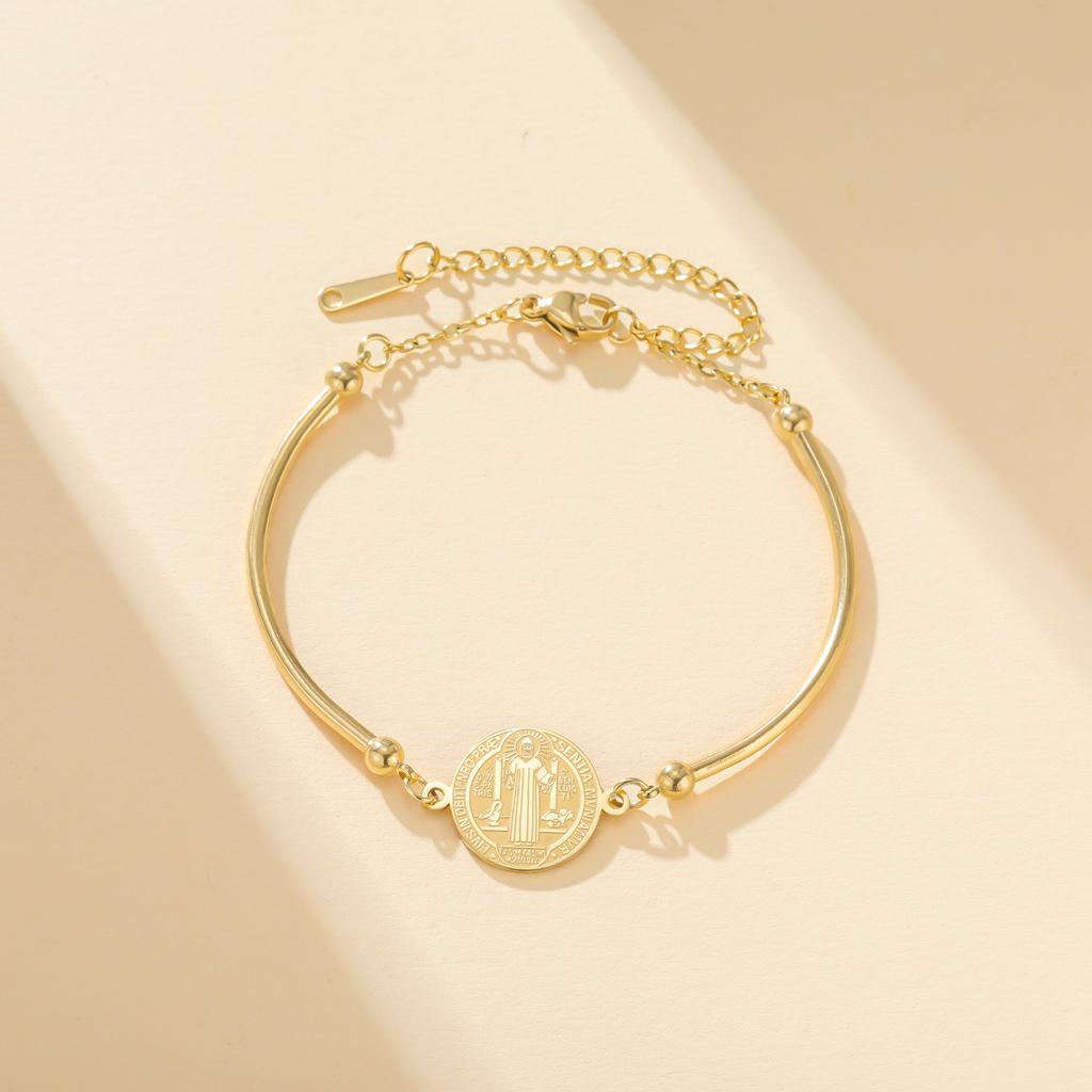Double-sided Saint Benedict Exorcism Cross Charm Bracelet Women Men Adjustable Stainless Steel Gold Bangle Jewelry Gift