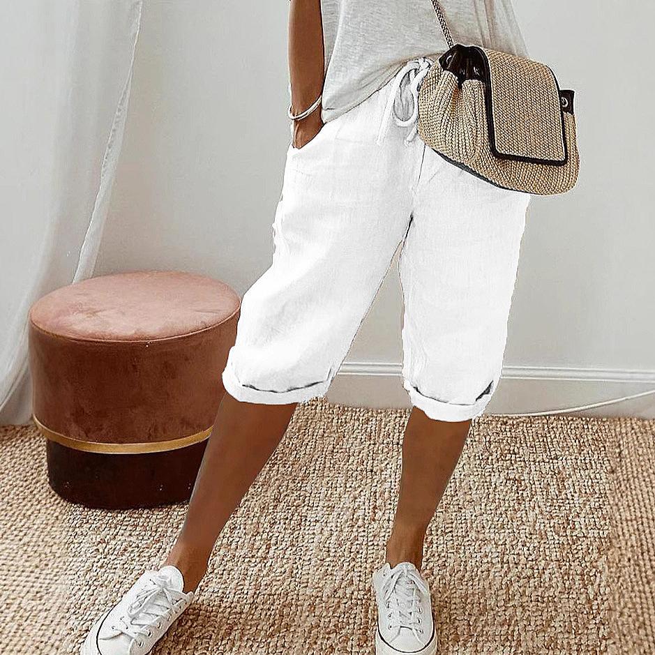 Pantaloncini in lino e cotone da donna Pantaloni al ginocchio stile vintage con tasche per donna Pantaloni in vita elastica traspirante Tinta unita Cinque pantaloni