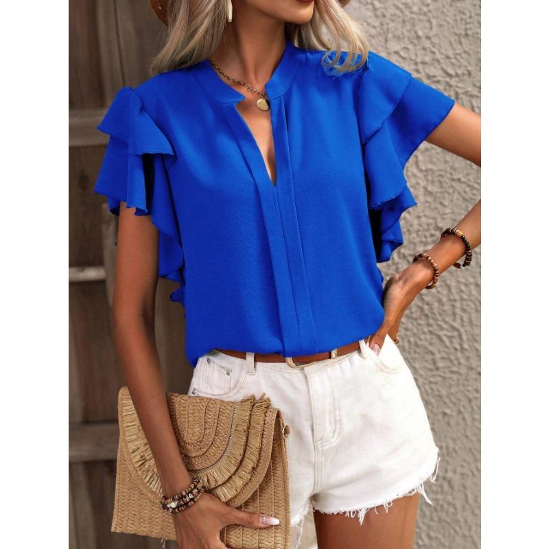 Women's Ruffle Sleeve V Neck Chiffon Blouse Casual Stand Collar Loose Summer Top