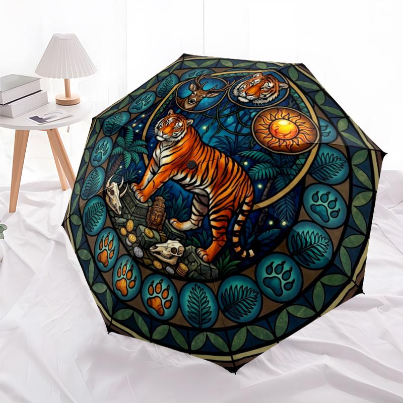 Tiger Sun Jungle Symbols pattern umbrella, portable and foldable design, 8 ribs, a casual accessory for Halloween, Christmas, and birthday gifts.
