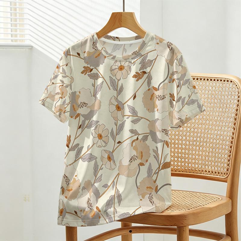 Women's Floral Collection Short Sleeve T-Shirt Soft Minimalist Design, Street Style Casual Top, Versatile for Daily Commute & School Outfits
