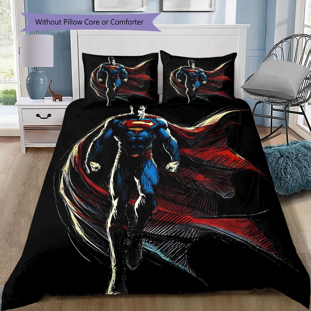 Hand-drawn Superman Bedding Set, 1 Duvet Cover & 2 Pillowcases, Suitable for Bedroom, Great Gift for Fans