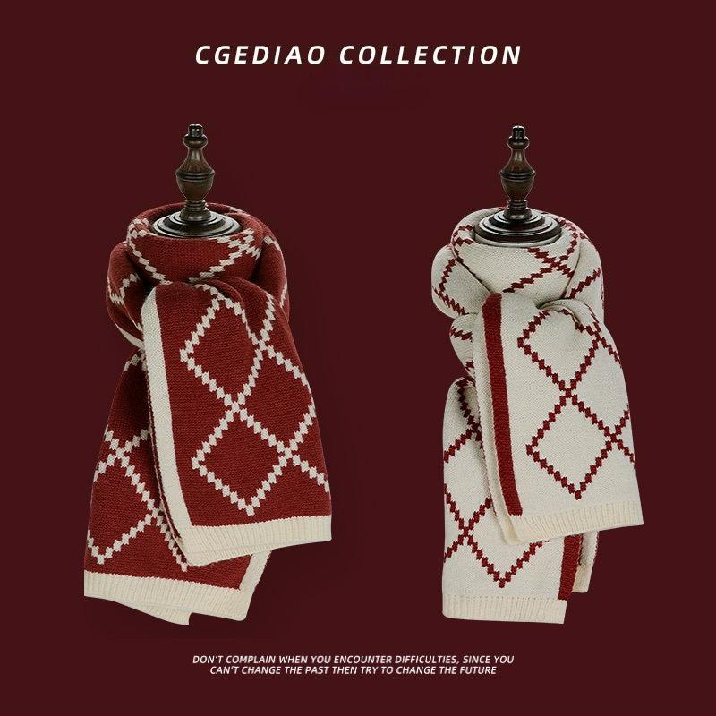 Red Scarf Women's Winter Plaid All-match Christmas Knitted Wool High-end Student Scarf