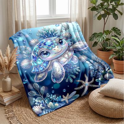 Oceanic Fantasy Turtle Theme Blanket Lightweight Warm Flannel Blanket Decorative Throw Blanket for Home Decoration