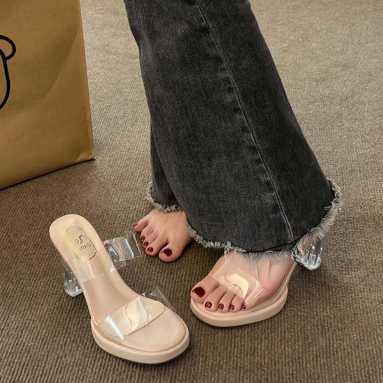 

Women s Crystal French Fairy Chunky Heel Transparent Sandals - High-End Summer Fashion 36-37