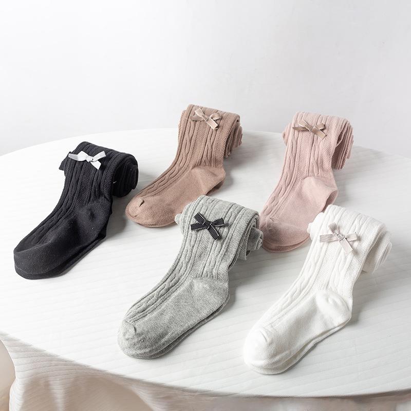 Khmer Cotton Tights for Children - Large Cable Knit, Open Crotch with Bowknot Style, Dual-Use Base Layer Pants for Toddlers and Girls