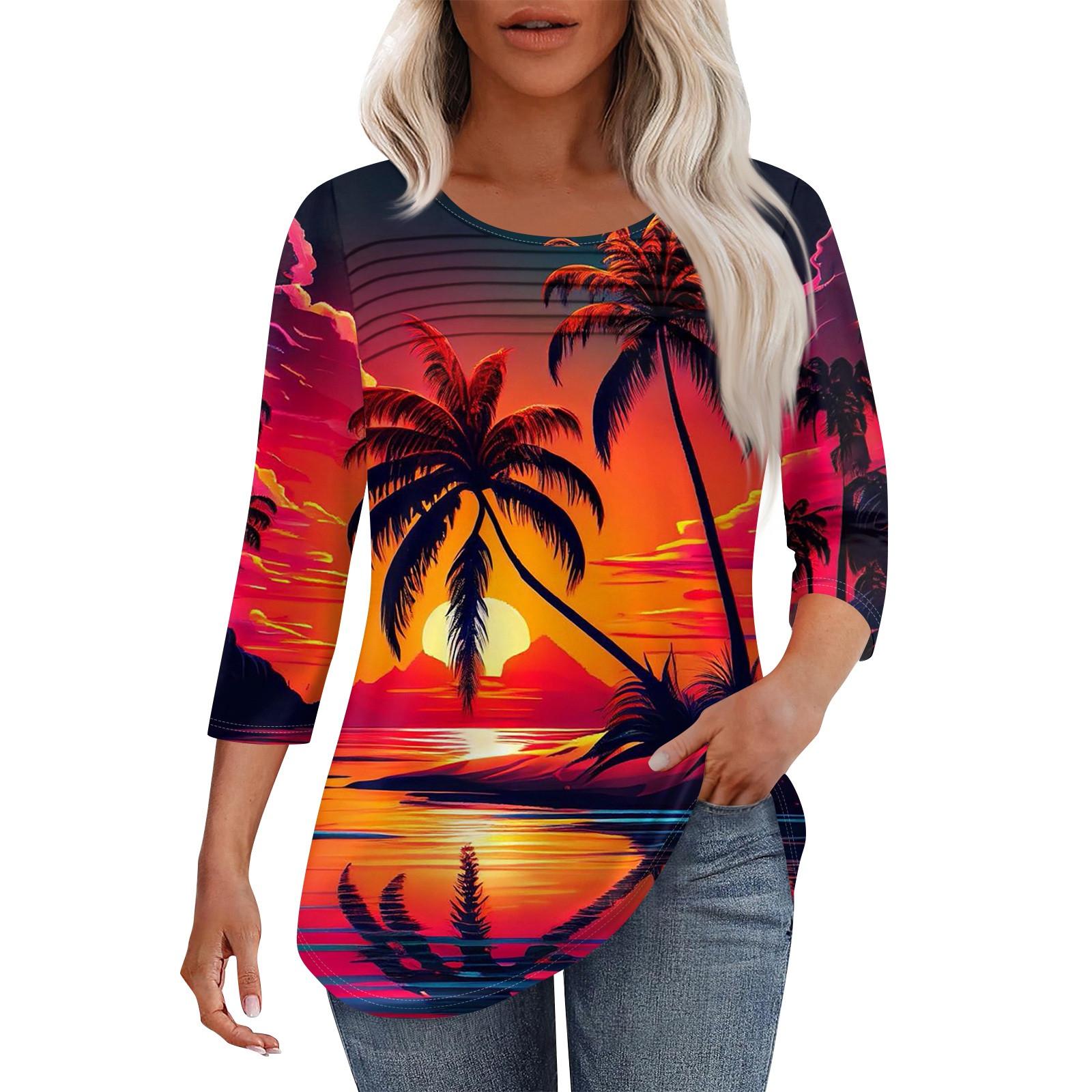 

Женская мода круглый вырез шея плиссированная передняя планка с принтом рукав 3/4 топ