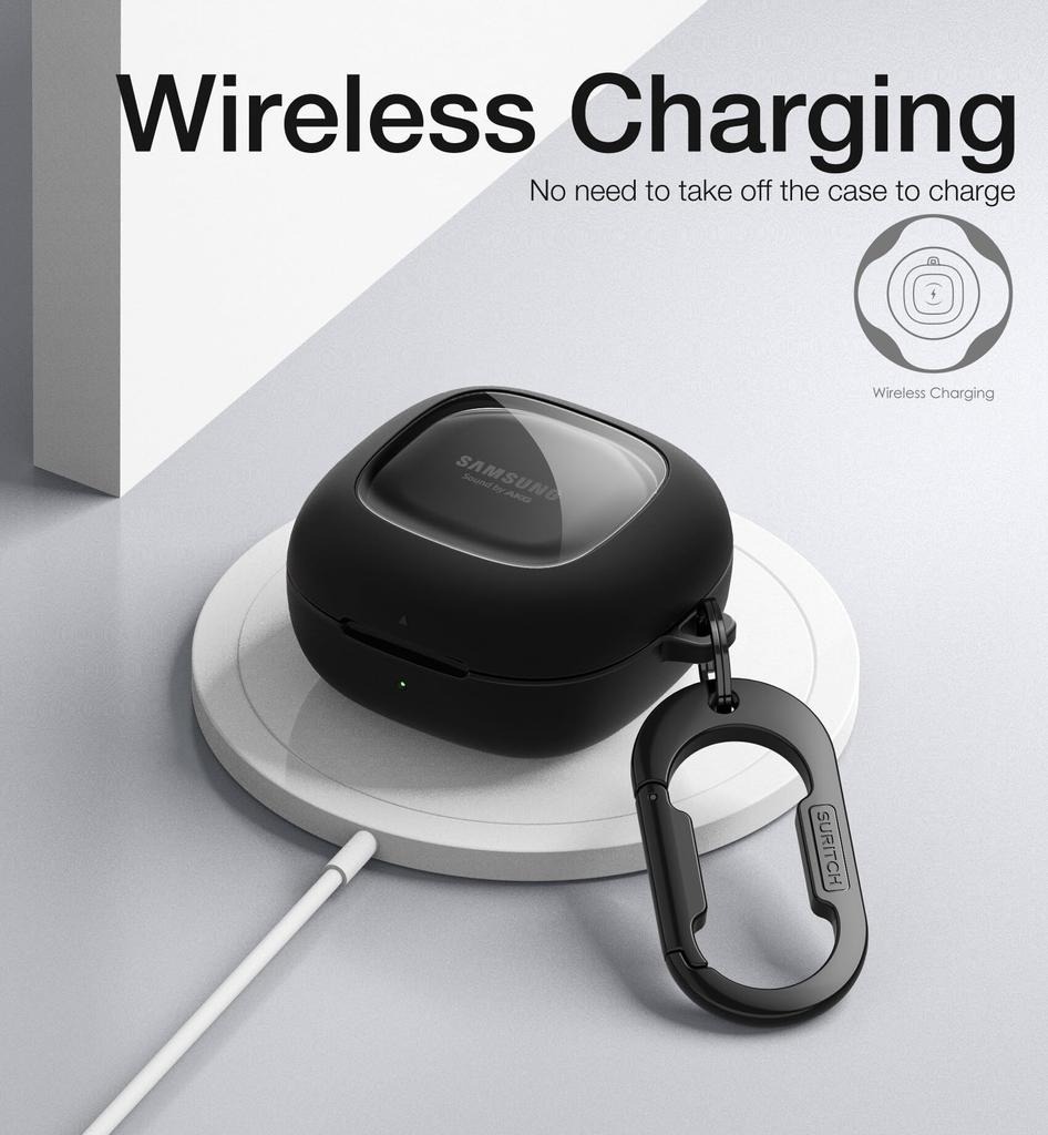 SURITCH Étui de protection pour Samsung Galaxy Buds 2, housse d'écouteurs robuste et résistante aux chocs avec mousqueton robuste, étui de chargement noir FE(2023)/Bourgeons
