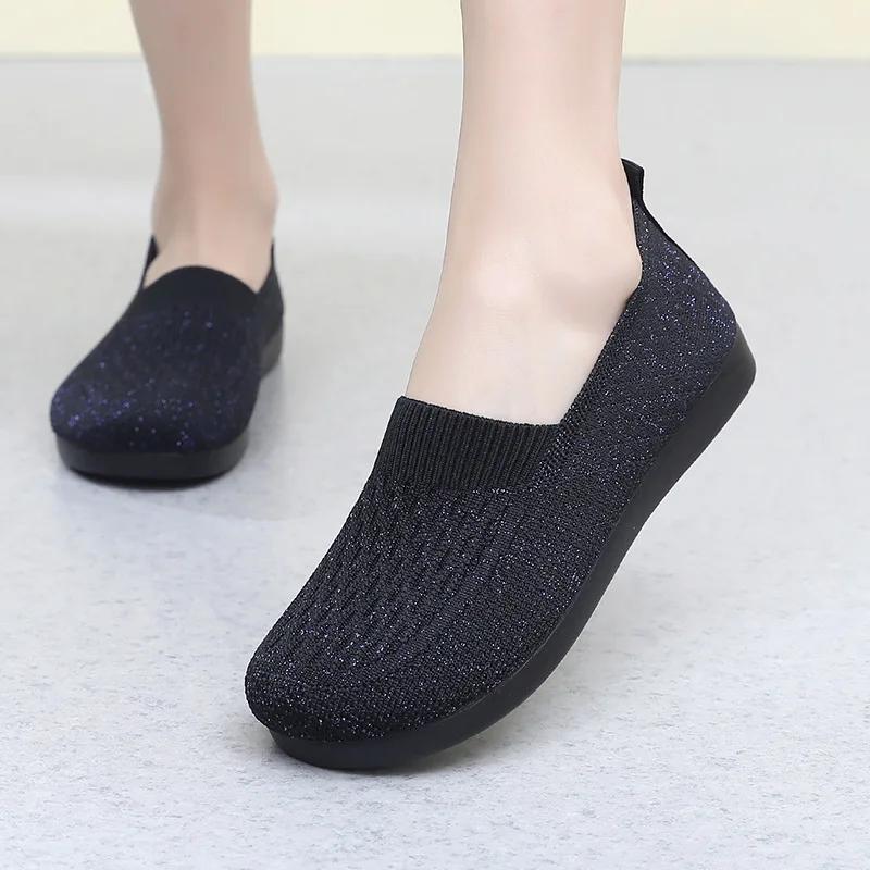 

2024 Women s Summer Shoes Mesh Breathable Light Slip On Flat Casual Shoes Ladies Loafers Socks Shoes For Women Zapatillas Mujer 35 чёрный