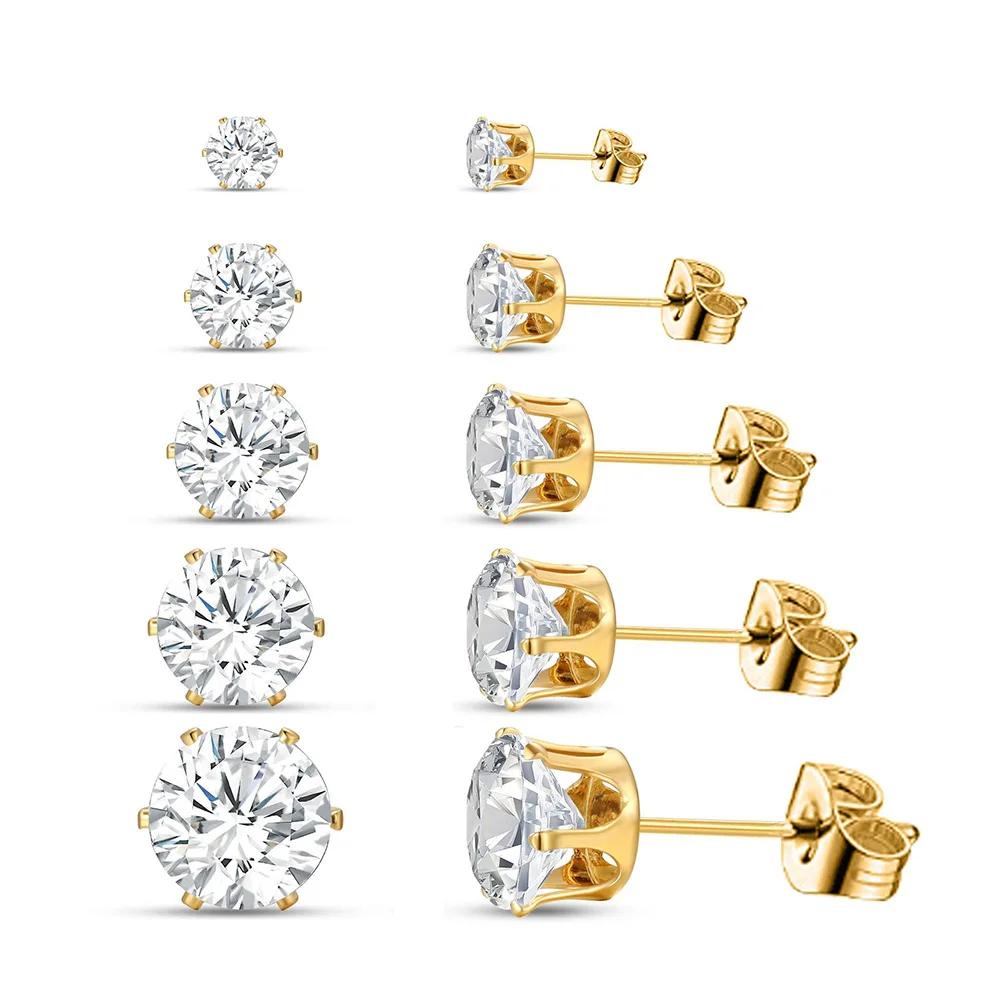 5 Pairs Zircon Stud Earrings Set For Women Men Fashion Gold  Color Earring Unisex Ear Piercings Jewelry Gift