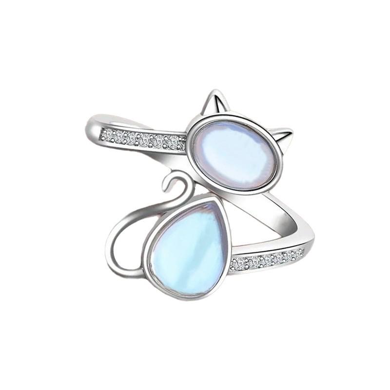 Moonstone Inlaid Lucky Cat Ring - Cute & Stylish Women's Design