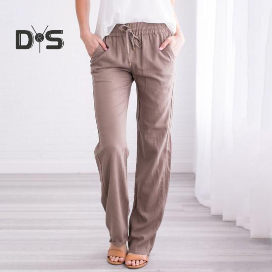 Damen Freizeithose, elastischer Kordelzug in der Taille, lange Hose mit Taschen, einfarbig, lockere Passform, Hose mit weitem Bein