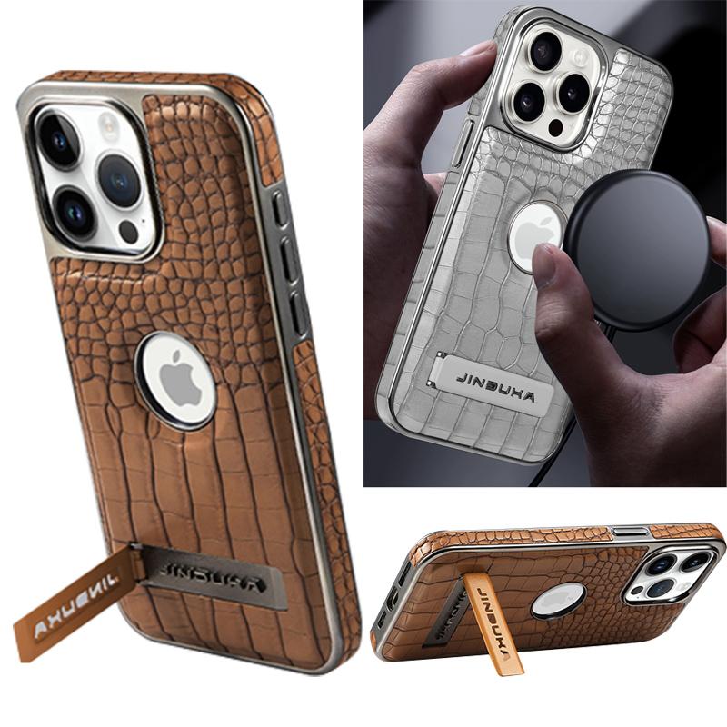 Boutique Crocodile Texture Eco Leather Case For iPhone 16 15 14 Plus 13 12 Pro Max Magnetic Cover Hidden Stand Bracket Premium