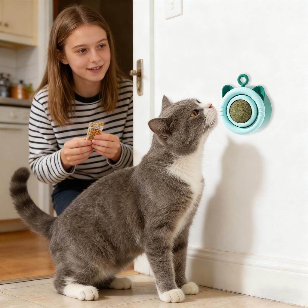 Katžolių kamuoliukas žaislas katėms - besisukantis prie sienos tvirtinamas interaktyvus žaislas su keičiamais katžolių/ vynmedžio kamuoliukais, savarankiškai pramoginantis kramtomas moliarinis žaislas, skirtas laikyti kates