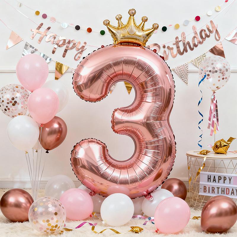 1PC 32 Inch Rose Gold Crown Digital Number Foil Balloons Princess Birthday DecorationParty Wedding Xmas Number Balloon Anniv