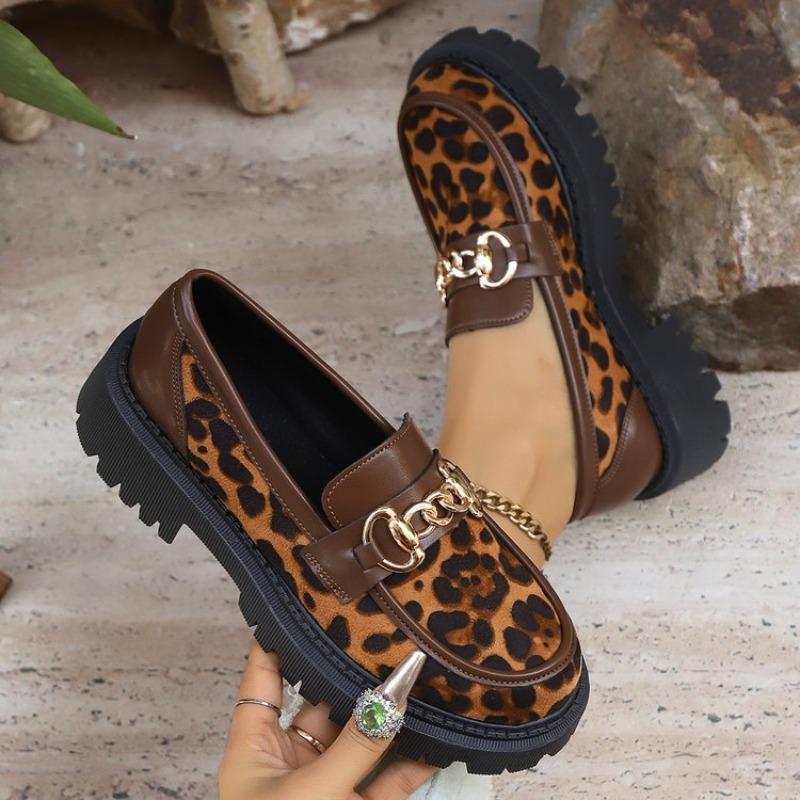 Women's Fashion Leopard Patchwork Slip-on Loafers Chunky Heel Platform Flats 2025 New Moccasins Casual Shoes Plus Size Zapatos