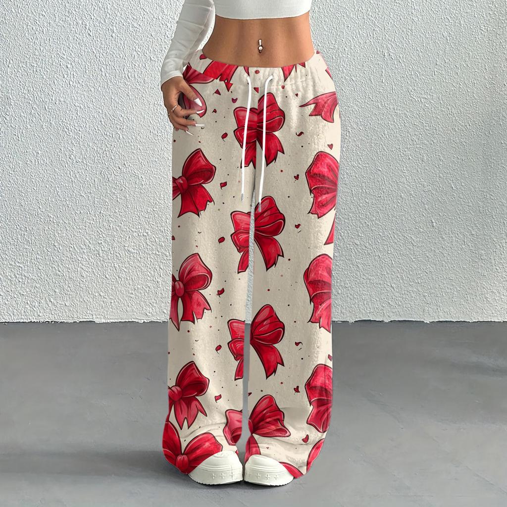 Women's Casual Fashion Printed Elastic Waist Loose Straight Leg Pants With Rope