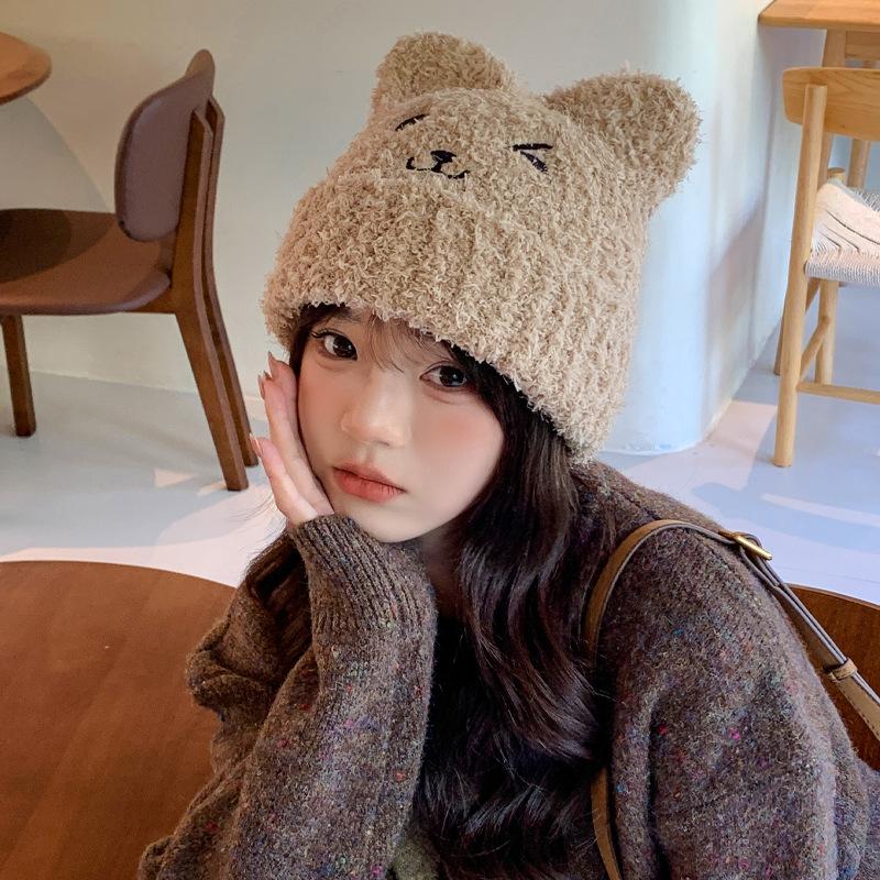 Herbst- und Wintermützen Damen niedlich Bär Plüsch gestrickte Wollmützen Winter warm Ohrenmützen dick