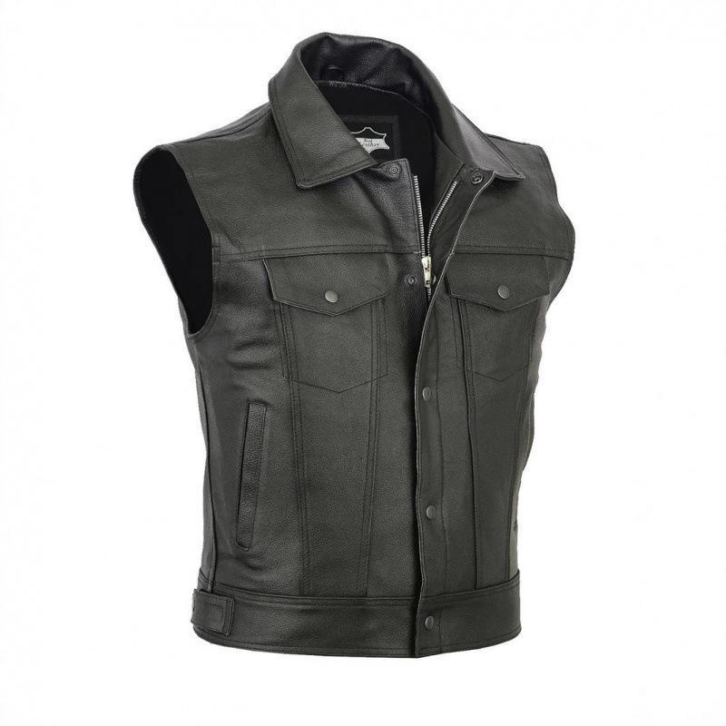 Chaleco de Cuero Negro para Motociclista Hombre