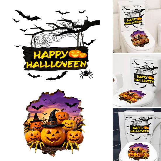 2Pcs Toilet Stickers, Halloween 3D Pumpkin & Bat Sticker, Waterproof Bathroom Decor, Removable Toilet Seat Cover Art, Residue-Free Wall Tile