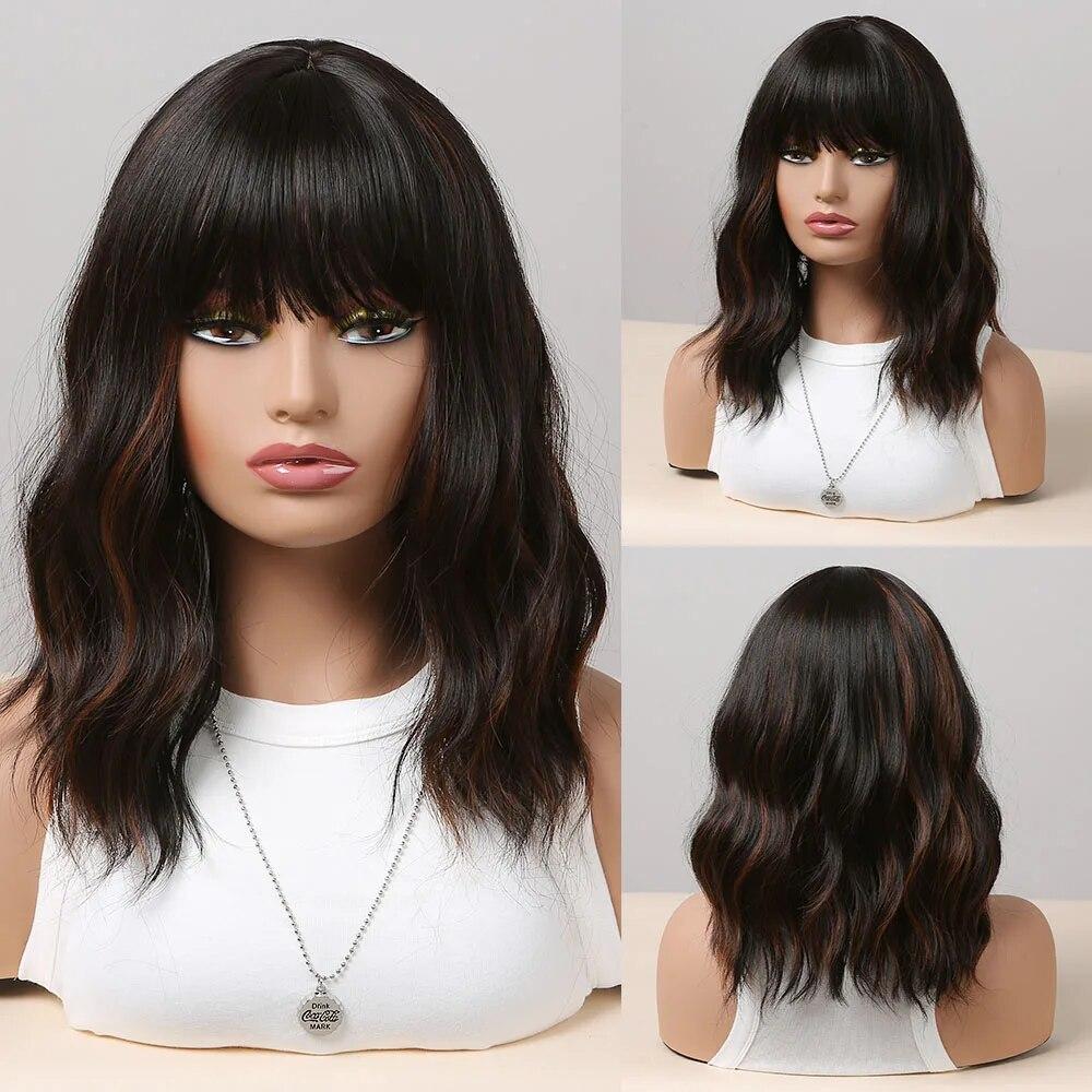 Short Straight Bob Synthetic Wigs with Bangs for Women Brown To Blonde Wig Cosplay Party Daily Heat Resistant Fiber Hair
