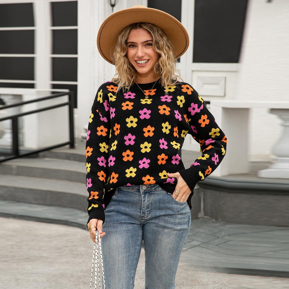 Autumn New Pullover Crew Neck Sweater Women's Versatile Flower Printing Warm Threaded Long Sleeve Knitted Top Women's