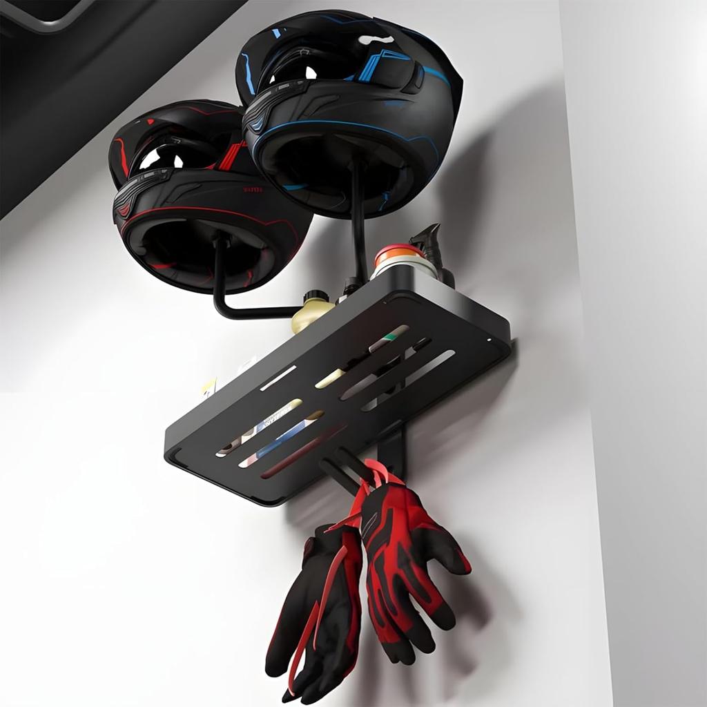 180° Rotating Motorcycle Helmet Rack Wall Mounted With Double Hook Detachable Bicycle Helmet Display Rack for Phone Storage