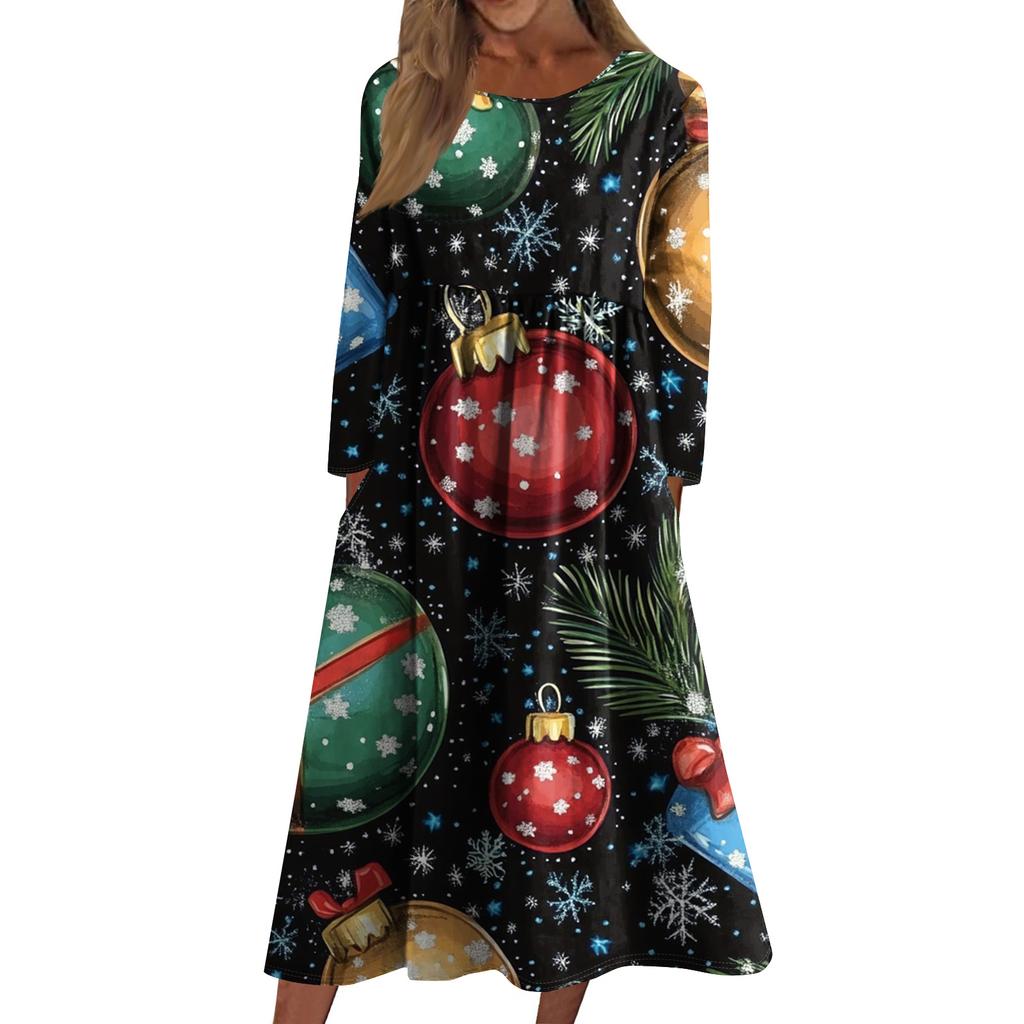 Damen Freizeitkleid mit Rundhalsausschnitt, Weihnachtsdruck, mittellang, langärmlig mit Tasche