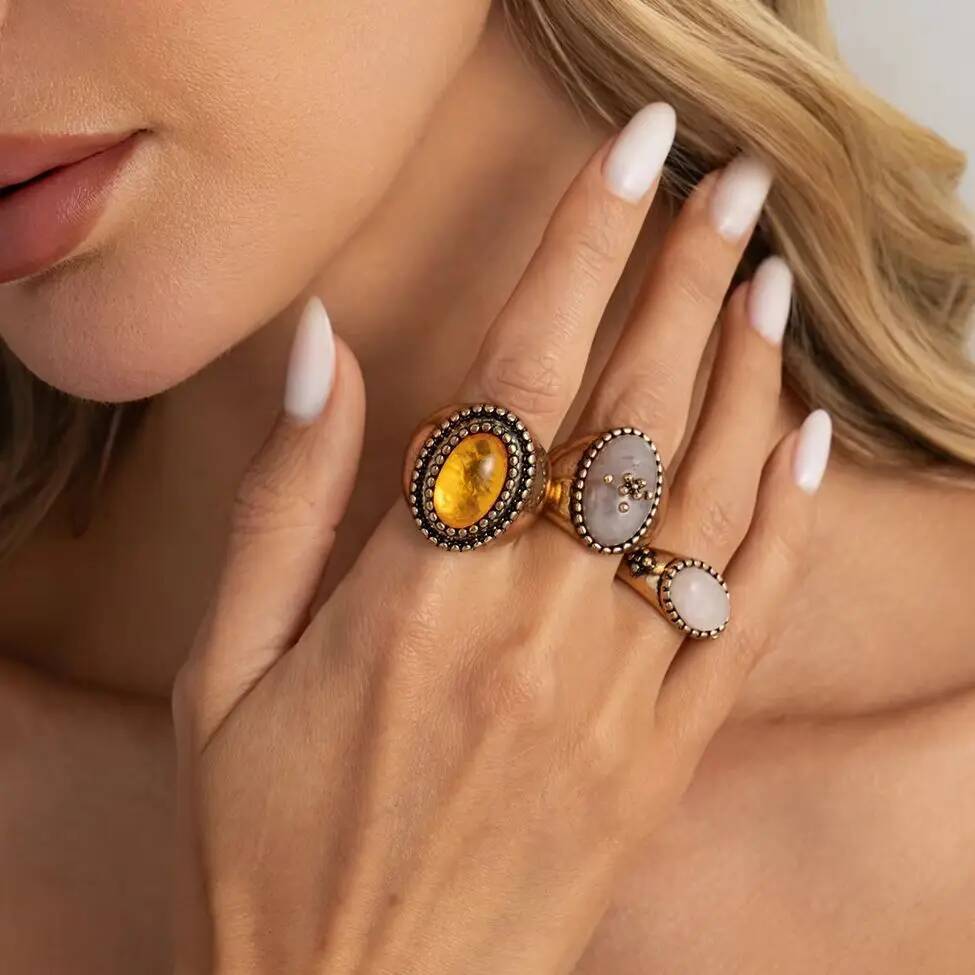 Salircon 3 Pcs/Set Gothic Oval Resin Finger Rings Women Punk Geometric Gold Color Metal Ring Party Aesthetic Jewelry 2026 New